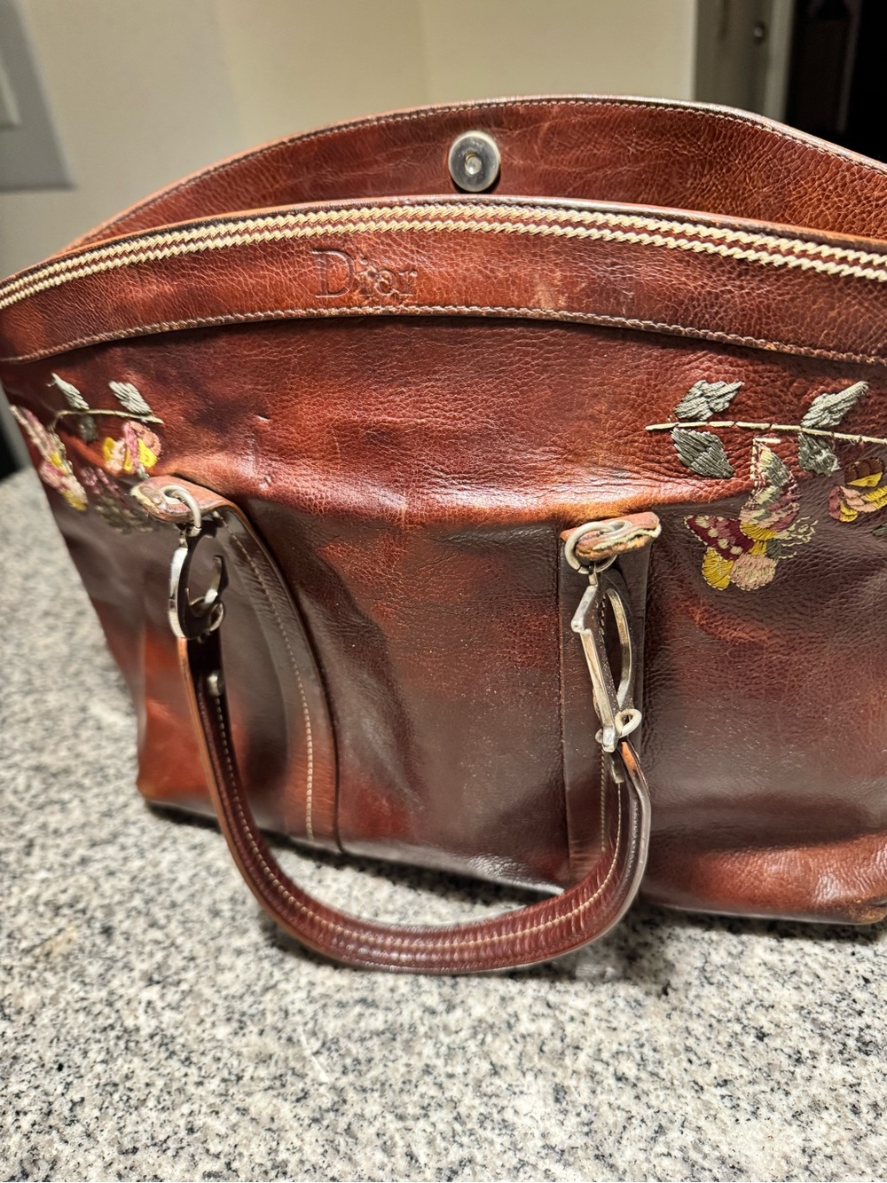 Dior Brown Leather Tote with Floral Embroidery